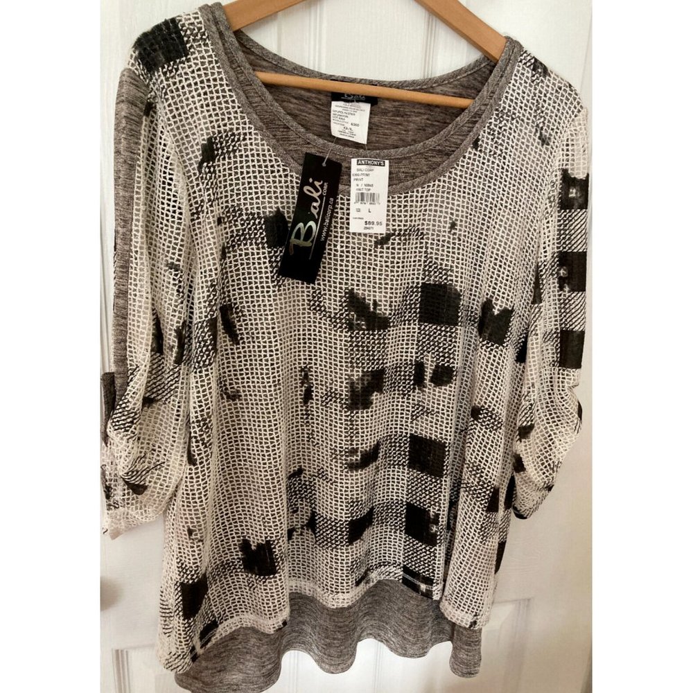 BALI Gray Black White Layered Textured Women's Mesh Knit Sweater Top L NWT